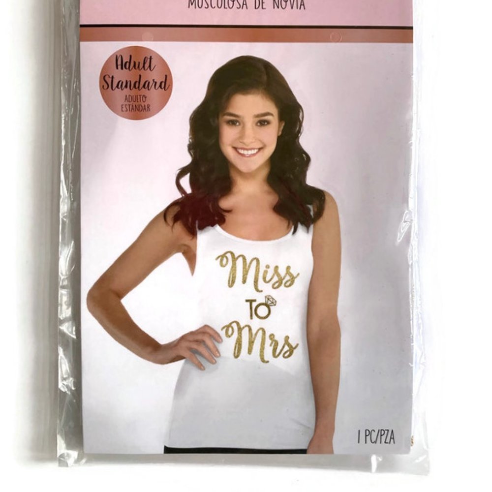 amscan bride tank top miss to mrs white nylon gold glitter adult standard size